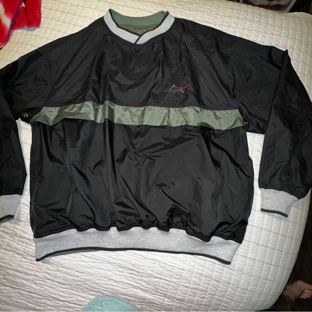 GREG NORMAN COLLECTION MEN'S REVERSIBLE BLUE/GREEN SHARK LOGO GOLF PULLOVER XL